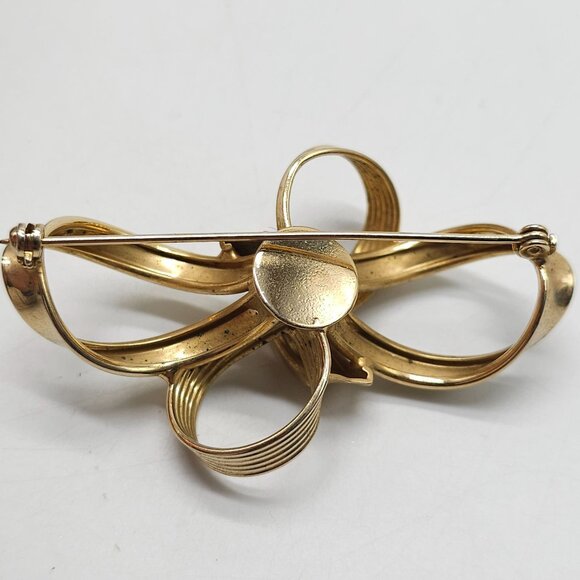 Vintage Gold Tone Brooch Pin Textured Ribbon Large Design - Picture 3 of 4